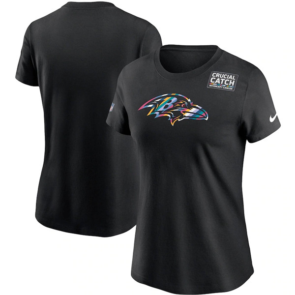 Women's Baltimore Ravens 2020 Black Sideline Crucial Catch Performance NFL T-Shirt(Run Small) - Click Image to Close